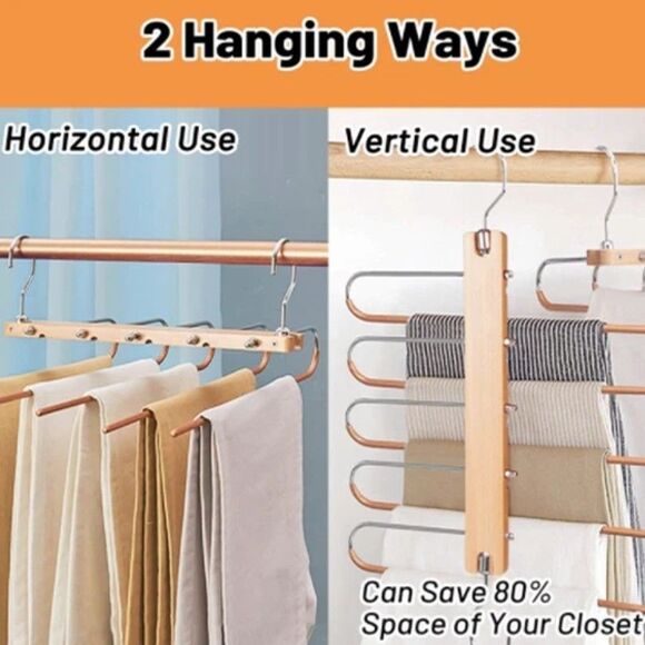 Pants Rack Space Saver Closet Organization Slacks Jeans Clothes‎ Wood Hanger - Picture 2 of 8